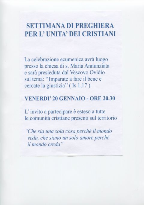 20 gennaio, veglia di preghiera per l’unità dei cristiani