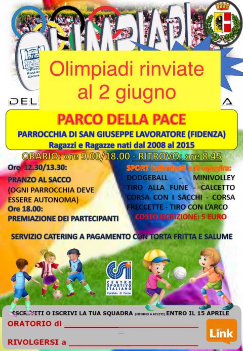 Rimandate a giovedì 2 giugno le olimpiadi diocesane degli oratori