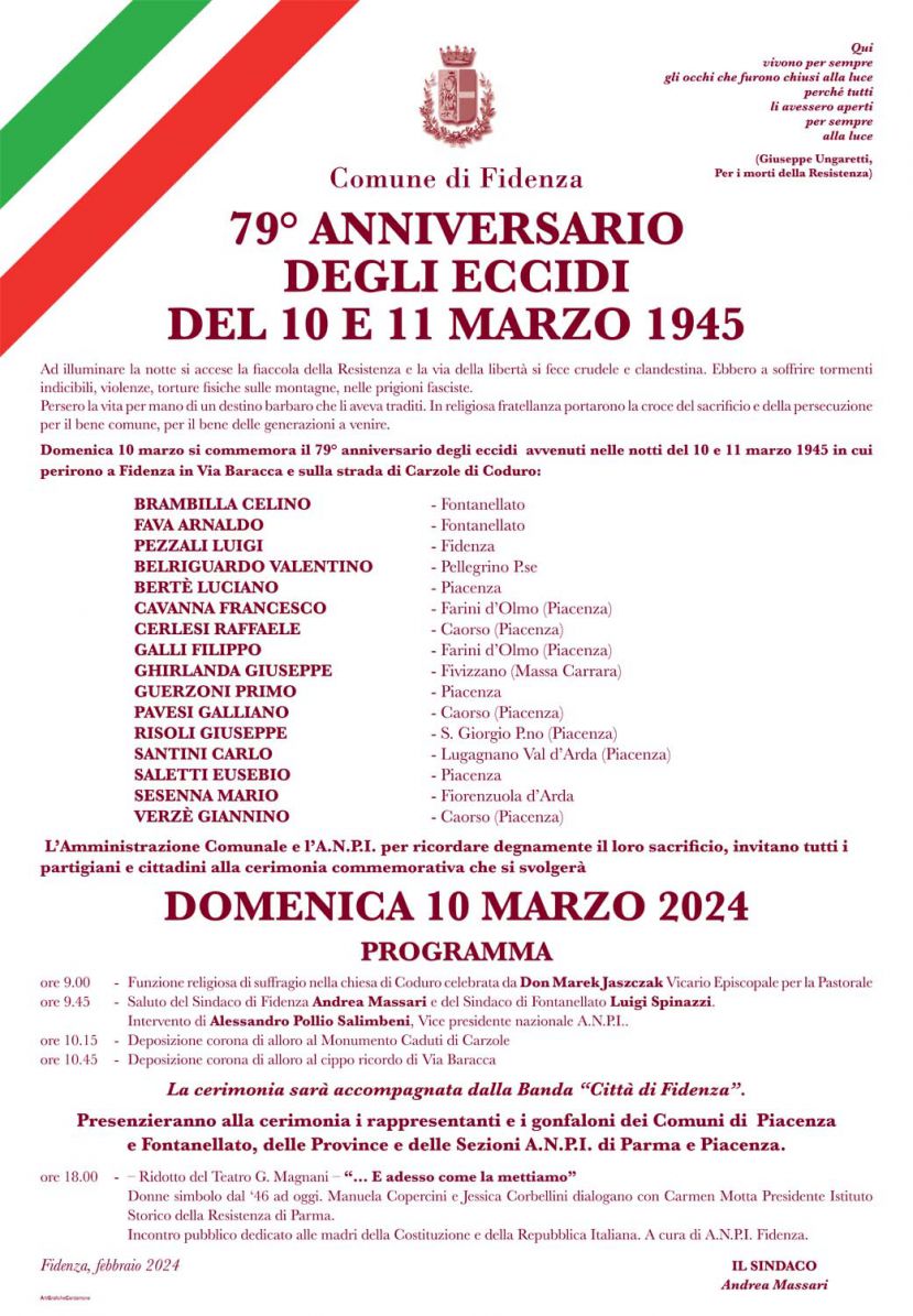 Fidenza: 79° Anniversario degli eccidi di via Baracca e di Carzole di Coduro