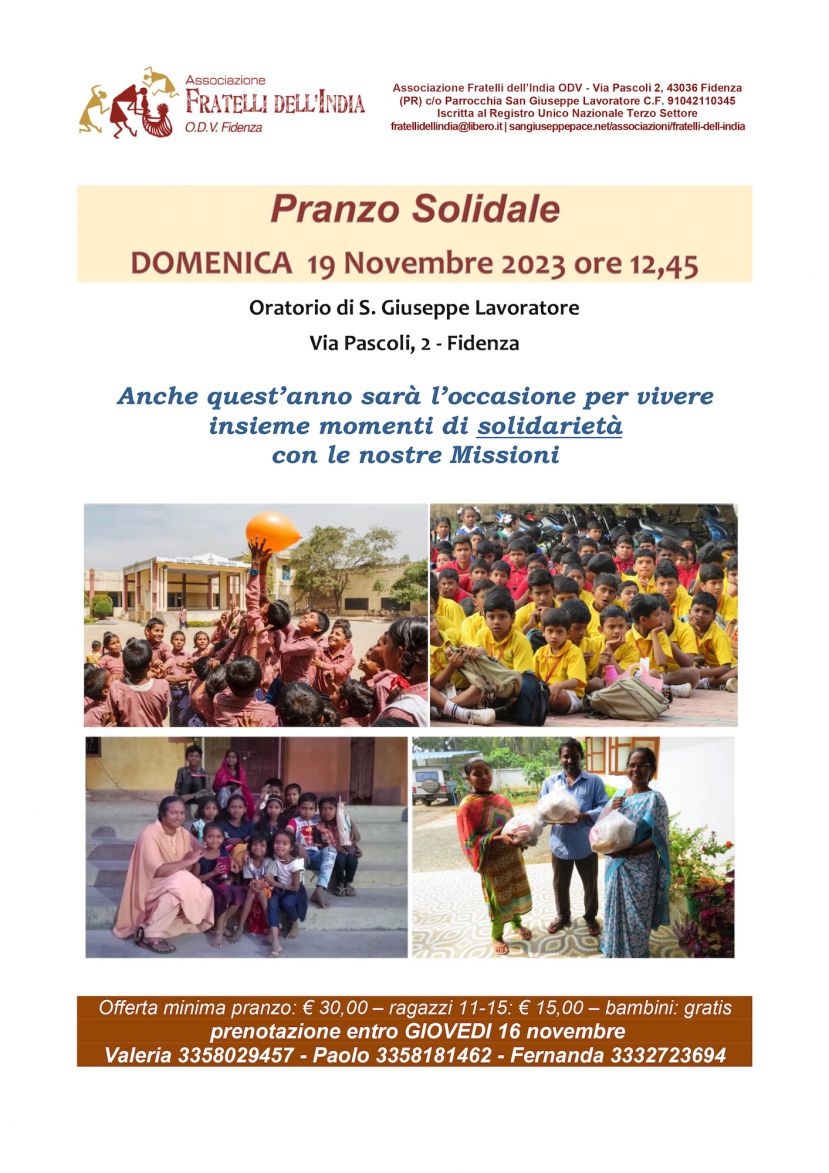 Il 19 novembre a Fidenza il tradizionale pranzo solidale dell&#039;associazione &quot;Fratelli dell&#039;India&quot;