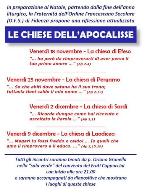 Quattro incontri con padre Oriano sul tema “Le Chiese dell’Apocalisse”